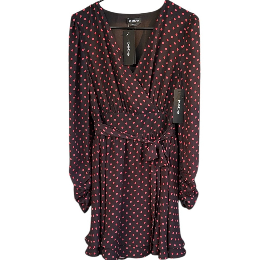 NWT Bebe Faux Wrap Flounce Dress Black Red Polka Dots Size Small Retail $169.00